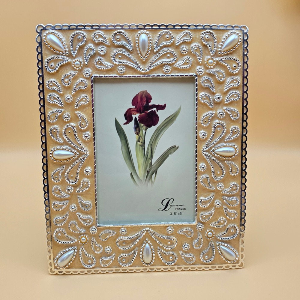 Lawrence Frames 3.5x5 Paisley Pearl Enamel Silver Tone Picture Frame Cream